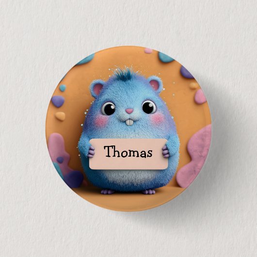 Niedlicher Fluffy Blue Hamster mit Namensschild Button (Vorderseite)