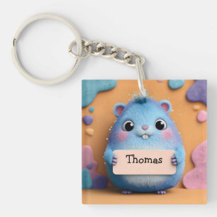 Niedlicher Fluffy Blue Hamster mit Namensschild Schlüsselanhänger