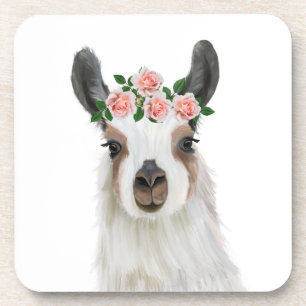 Niedlicher Fluffy Llama mit Rose Blume Kronen Getränkeuntersetzer