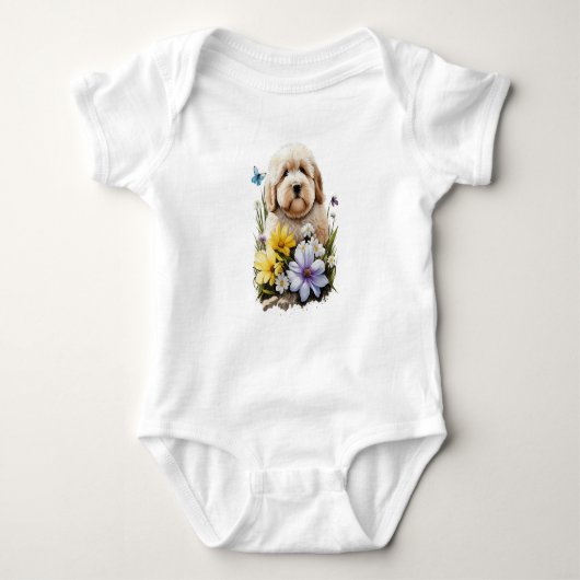 Niedlicher fluffy Welpenhund mit Blume Baby Strampler (Vorderseite)