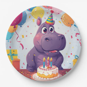 Niedlicher Flusspferd Geburtstag mit Kuchen feiern Pappteller