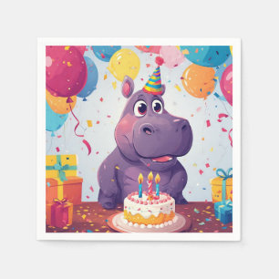 Niedlicher Flusspferd Geburtstag mit Kuchen feiern Serviette