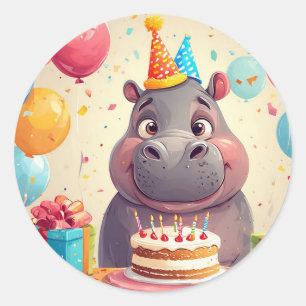 Niedlicher Flusspferd-Geburtstag mit Kuchen Runder Aufkleber
