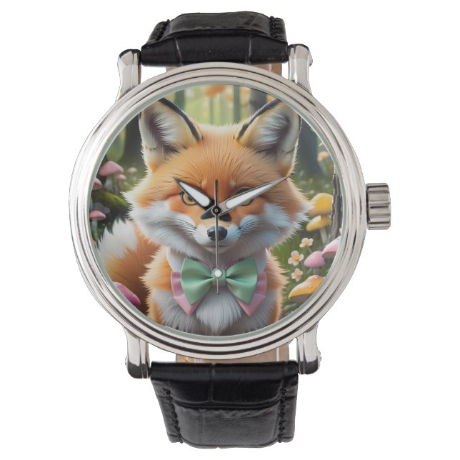 Niedlicher Fox mit einem grünen und rosa Bug Armbanduhr (Vorderseite)