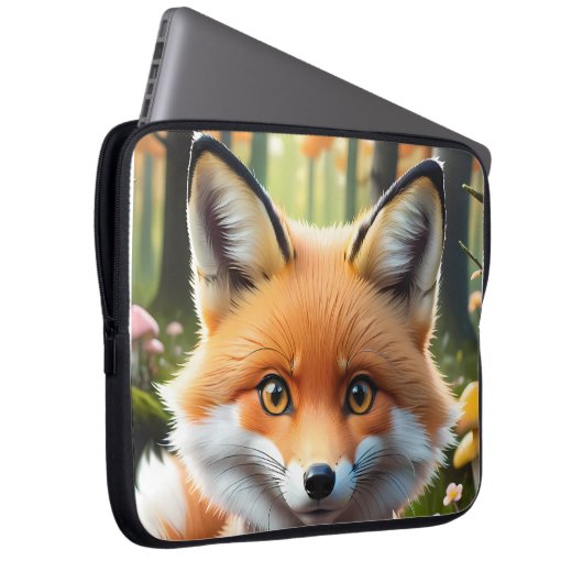 Niedlicher Fox mit einem grünen und rosa Bug Laptopschutzhülle (Vorne Rechts)