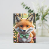 Niedlicher Fox mit einem grünen und rosa Bug Postkarte (Stehend Vorderseite)
