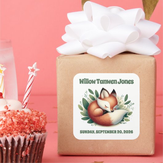 Niedlicher Fox-Schlaf in Blätter Kinderdusche Quadratischer Aufkleber (Party)