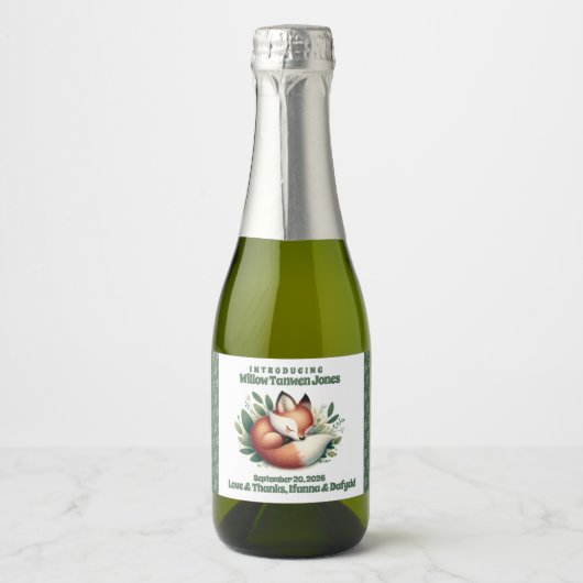 Niedlicher Fox-Schlaf in Blätter Kinderdusche Schaumweinetikett (Vorderseite)
