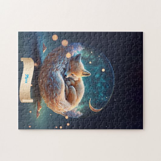 Niedlicher Fox Schlafen in Globe des Galaxy-Sterns Puzzle (Horizontal)
