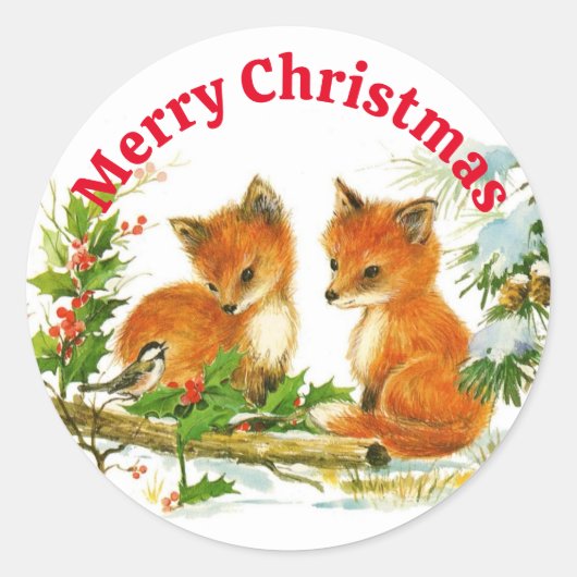 Niedlicher Fox und Chickadee im Schnee Weihnachten Runder Aufkleber (Vorderseite)