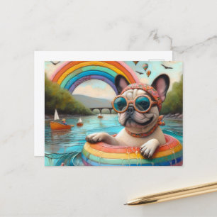 Niedlicher französischer Bulldog auf einem Regenbo Postkarte