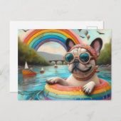 Niedlicher französischer Bulldog auf einem Regenbo Postkarte (Vorne/Hinten)