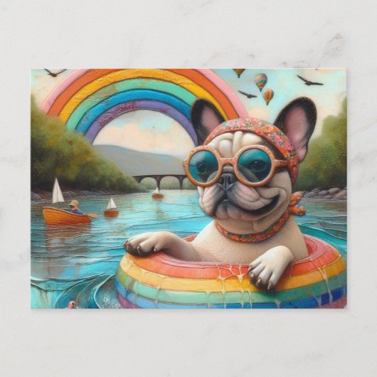 Niedlicher französischer Bulldog auf einem Regenbo Postkarte (Vorderseite)