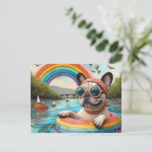 Niedlicher französischer Bulldog auf einem Regenbo Postkarte (Stehend Vorderseite)