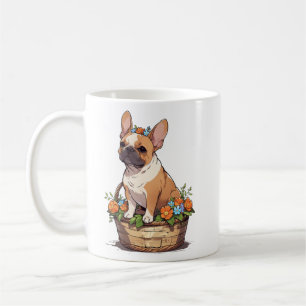 Niedlicher französischer Bulldog in einem Korb mit Kaffeetasse