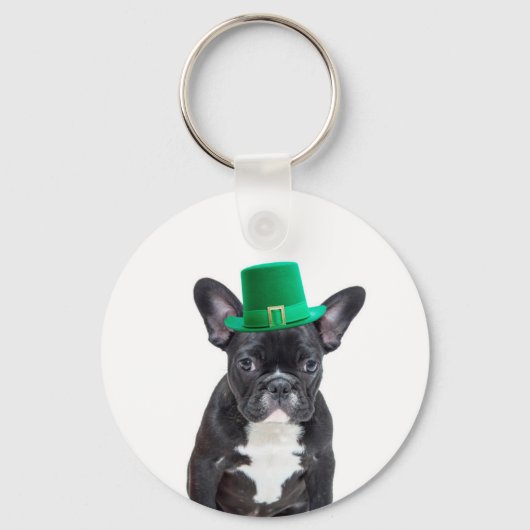 Niedlicher französischer Bulldog mit Hat St. Patri Schlüsselanhänger (Vorderseite)