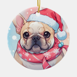Niedlicher französischer Bulldog mit Hut und Schal Keramik Ornament