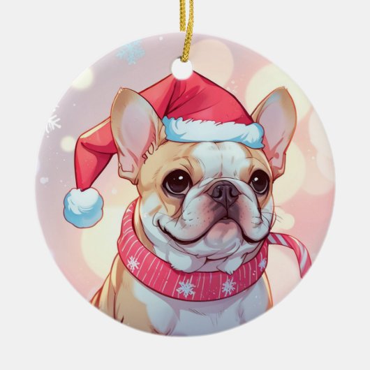 Niedlicher französischer Bulldog mit Hut und Schal Keramik Ornament (Vorne)