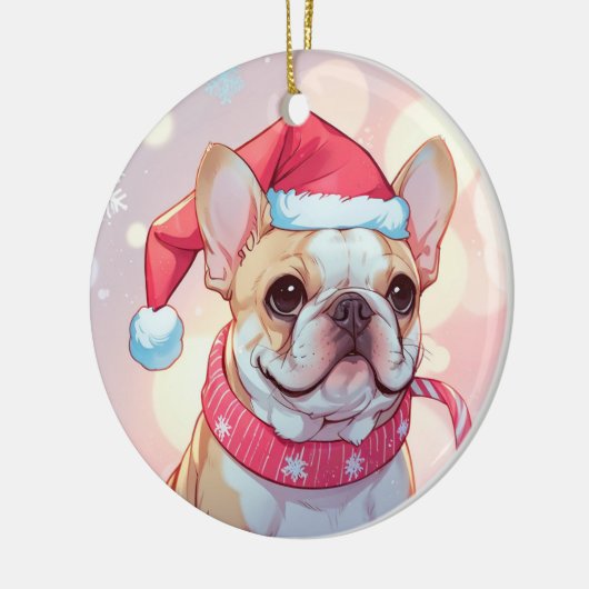 Niedlicher französischer Bulldog mit Hut und Schal Keramik Ornament (Links)