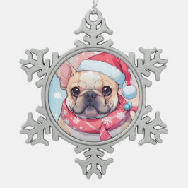 Niedlicher französischer Bulldog mit Hut und Schal Schneeflocken Zinn-Ornament