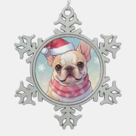 Niedlicher französischer Bulldog mit Hut und Schal Schneeflocken Zinn-Ornament