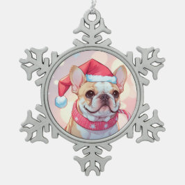 Niedlicher französischer Bulldog mit Hut und Schal Schneeflocken Zinn-Ornament