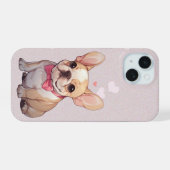 Niedlicher französischer Bulldog mit rosafarbenem iPhone 15 Hülle (Rückseite (Horizontal))