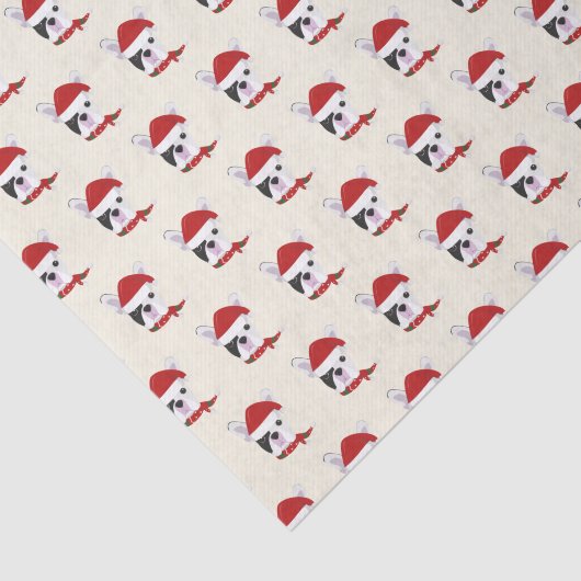 Niedlicher französischer Bulldog mit Weihnachtsman Seidenpapier (Ausschnitt)