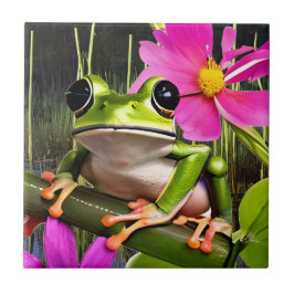 Niedlicher Frog auf rosa Blume Fliese