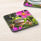 Niedlicher Frog auf rosa Blume Getränkeuntersetzer (Linke Seite)