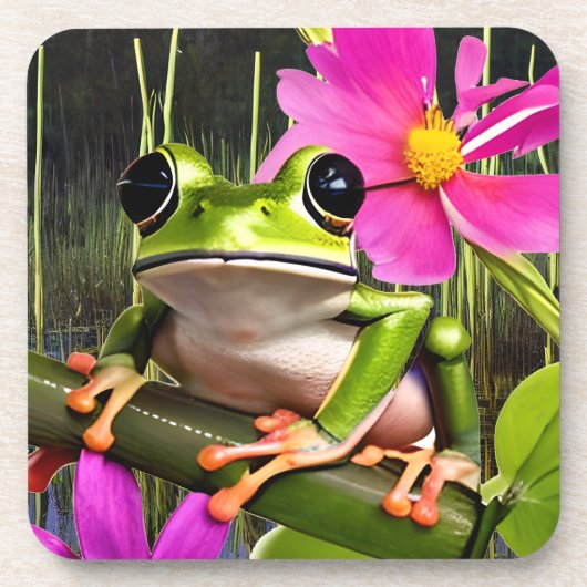 Niedlicher Frog auf rosa Blume Getränkeuntersetzer (Vorderseite)