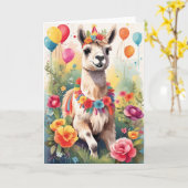 Niedlicher, fröhlicher Lama im Freien | Karte (Gelbe Blume)