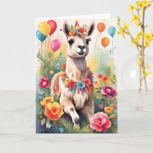 Niedlicher, fröhlicher Lama im Freien | Karte (Gelbe Blume)