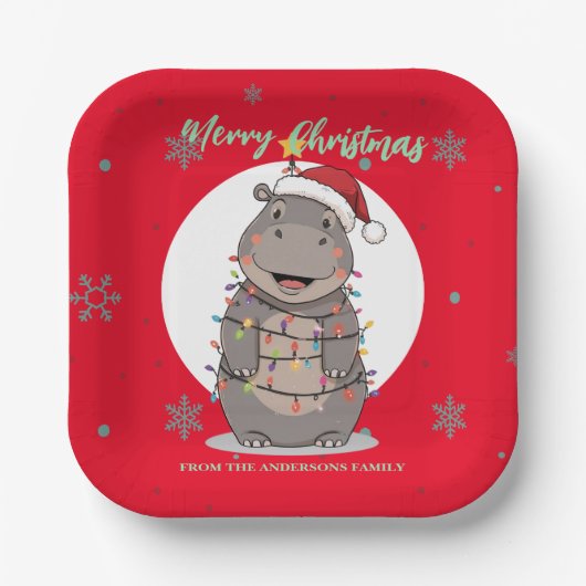 Niedlicher fröhlicher Nilpferd-Weihnachtsbaum-Zoo- Pappteller (Vorderseite)