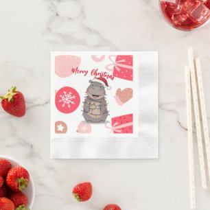 Niedlicher fröhlicher Nilpferd-Weihnachtsbaum-Zoo- Serviette