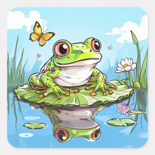 Niedlicher Frosch auf einem Lily Pad Niedlich Quadratischer Aufkleber (Vorderseite)