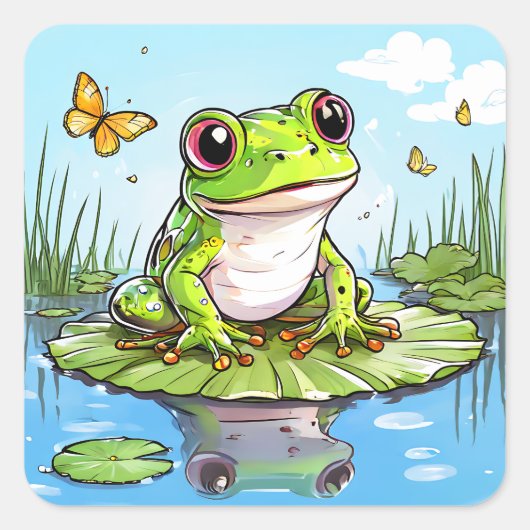 Niedlicher Frosch auf einem Lily Pad Quadratischer Aufkleber (Vorderseite)