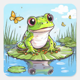 Niedlicher Frosch auf einem Lily Pad Quadratischer Aufkleber
