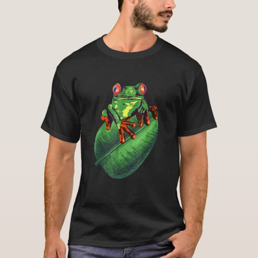 Niedlicher Frosch auf grüner Blätter T-Shirt (Vorderseite)
