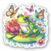 Niedlicher Frosch auf Lily Pad mit Blume und Schme Aufkleber (Vorderseite)