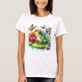 Niedlicher Frosch auf Lily Pad mit Blume und Schme T-Shirt