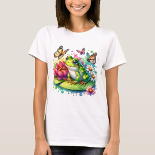 Niedlicher Frosch auf Lily Pad mit Blume und Schme T-Shirt