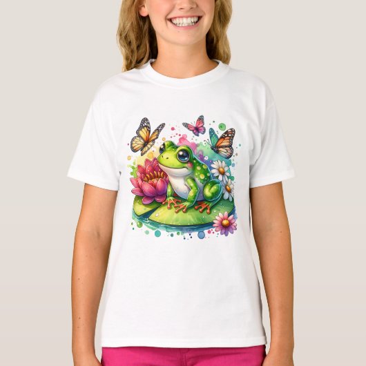 Niedlicher Frosch auf Lily Pad mit Blume und Schme T-Shirt (Vorderseite)