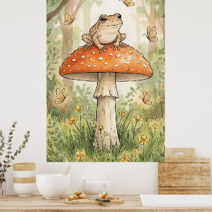 Niedlicher Frosch auf Pilz Wald Cottagecore Poster