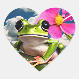 Niedlicher Frosch auf rosa Blume Zweig mit Wolken Herz-Aufkleber