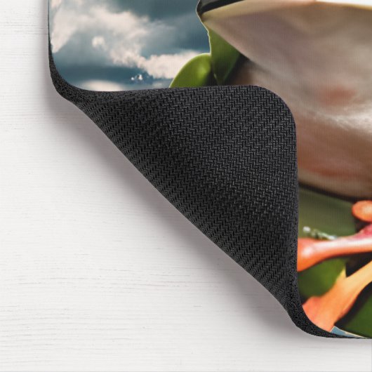 Niedlicher Frosch auf rosa Blume Zweig mit Wolken Mousepad (Ecke)