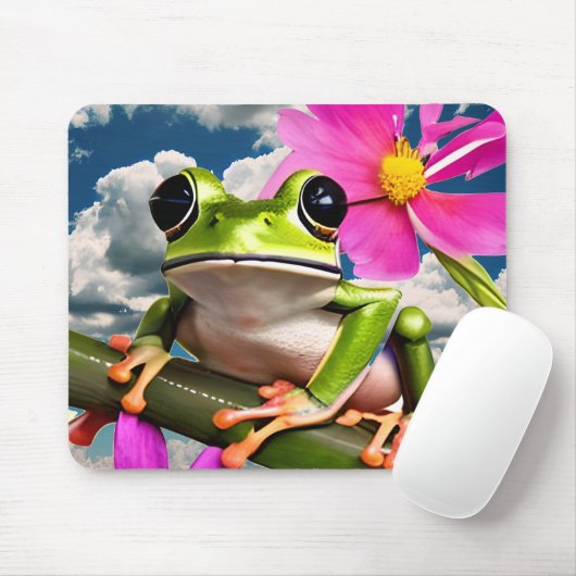 Niedlicher Frosch auf rosa Blume Zweig mit Wolken Mousepad (Mit Mouse)