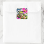 Niedlicher Frosch auf rosa Blume Zweig mit Wolken Quadratischer Aufkleber (Tasche)