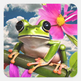 Niedlicher Frosch auf rosa Blume Zweig mit Wolken Quadratischer Aufkleber