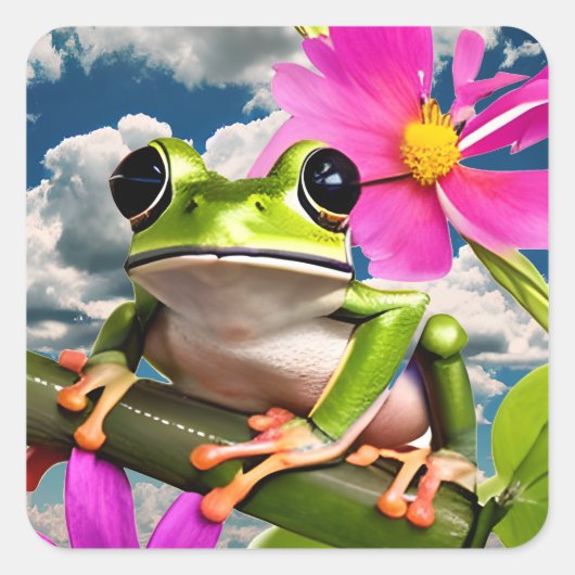 Niedlicher Frosch auf rosa Blume Zweig mit Wolken Quadratischer Aufkleber (Vorderseite)